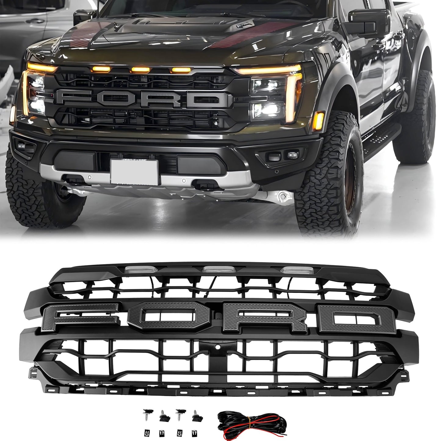 2024-2025 Ford F150 Raptor Style Front Grill Upper Bumper Black Grille W/ LED Light & Letter