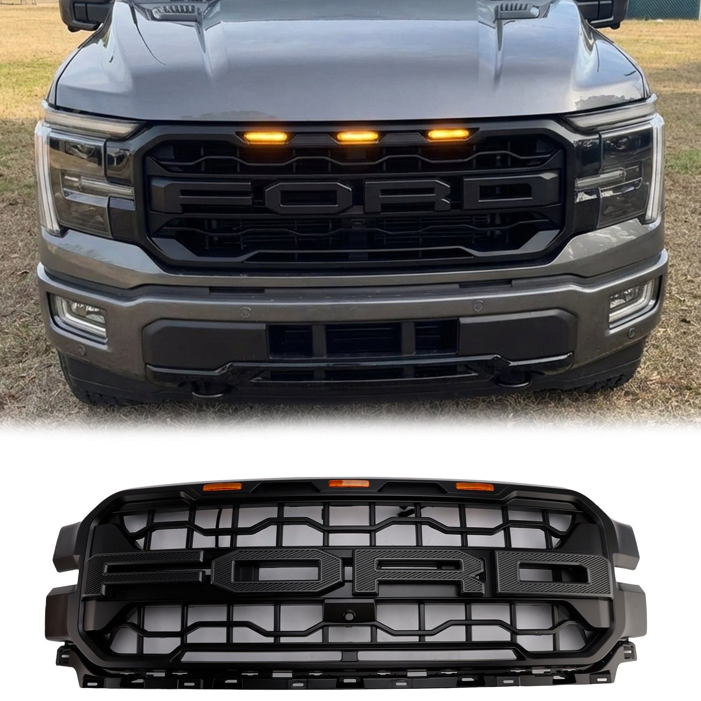 2024-2026 Ford F150 Lariat / King Ranch / Platinum Raptor Style Grille Front Bumper Black Grille W/ LED