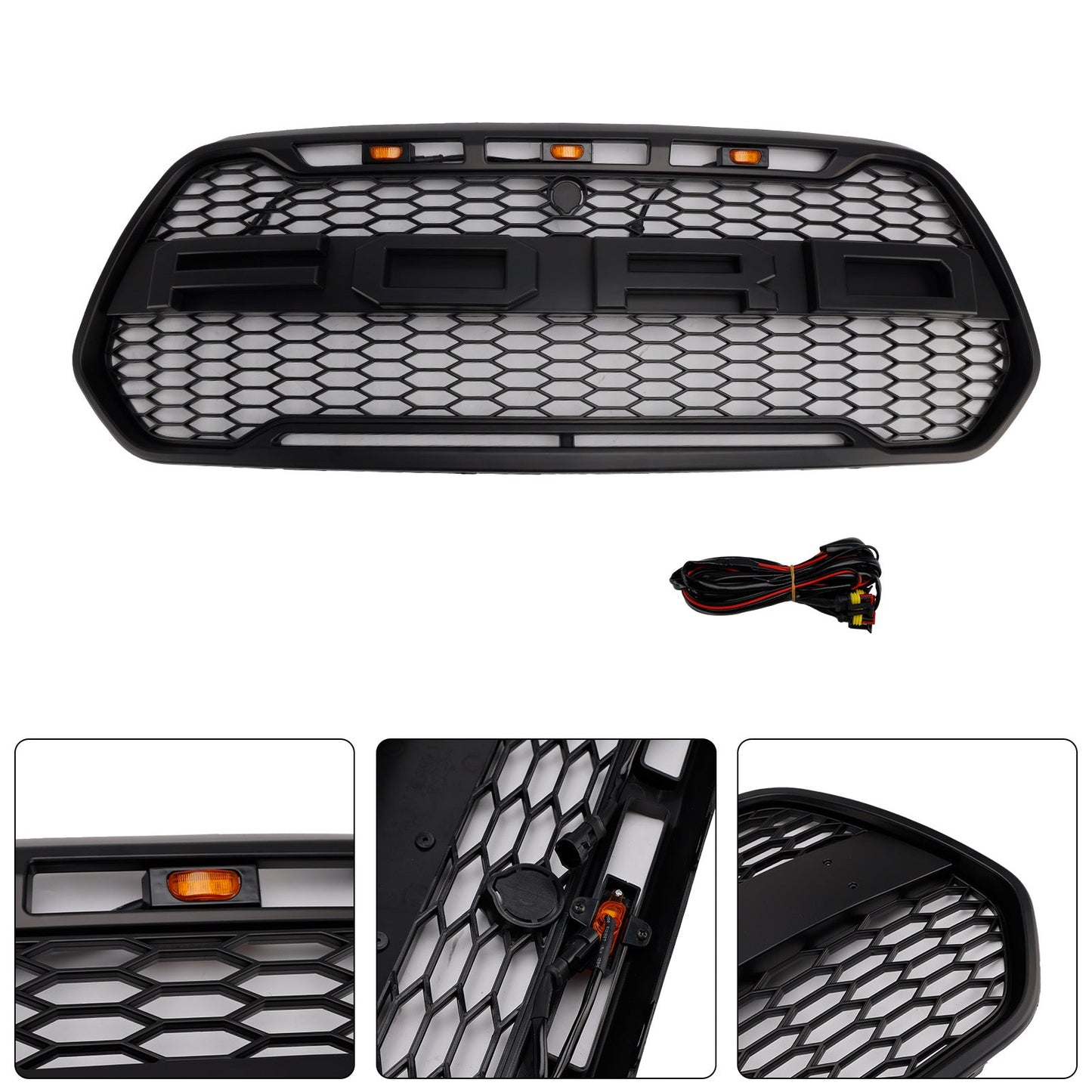 Ford Transit 150 250 350 350H 2015-2019 Front Raptor Grille Black Front Bumper Honeycomb Grill With LED