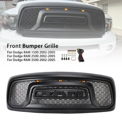 Dodge RAM 1500 2002-2005 Big Horn Style Grill Fron Bumper Black Replacement Grille W/ LED & RAM Letter