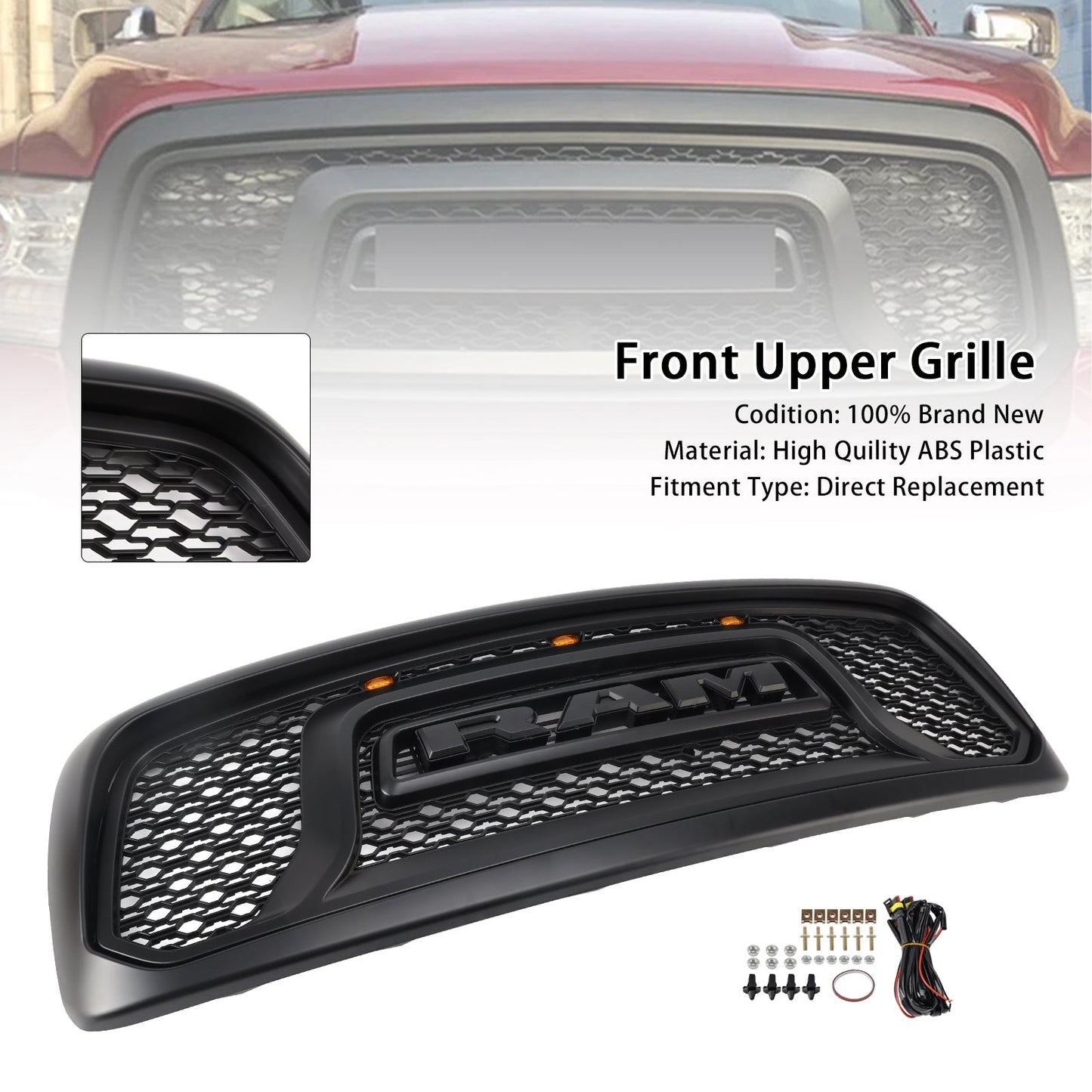 Dodge RAM 1500 2002-2005 Big Horn Style Grill Fron Bumper Black Replacement Grille W/ LED & RAM Letter