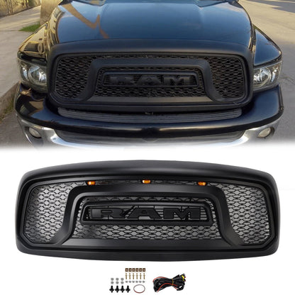 Dodge RAM 1500 2002-2005 Big Horn Style Grill Fron Bumper Black Replacement Grille W/ LED & RAM Letter