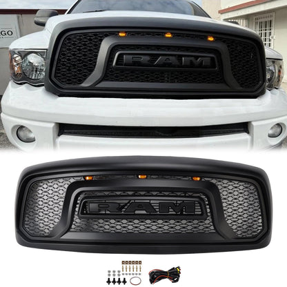 Dodge RAM 1500 2002-2005 Big Horn Style Grill Fron Bumper Black Replacement Grille W/ LED & RAM Letter