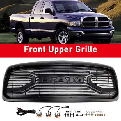 Dodge RAM 1500 2002-2005 Big Horn Style Grill Fron Bumper Black Replacement Grille W/ LED & RAM Letter