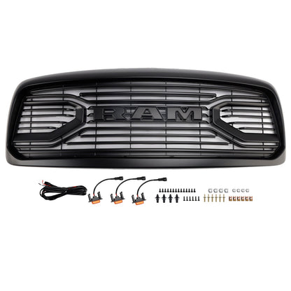 Dodge RAM 1500 2002-2005 Big Horn Style Grill Fron Bumper Black Replacement Grille W/ LED & RAM Letter