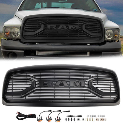 Dodge RAM 1500 2002-2005 Big Horn Style Grill Fron Bumper Black Replacement Grille W/ LED & RAM Letter