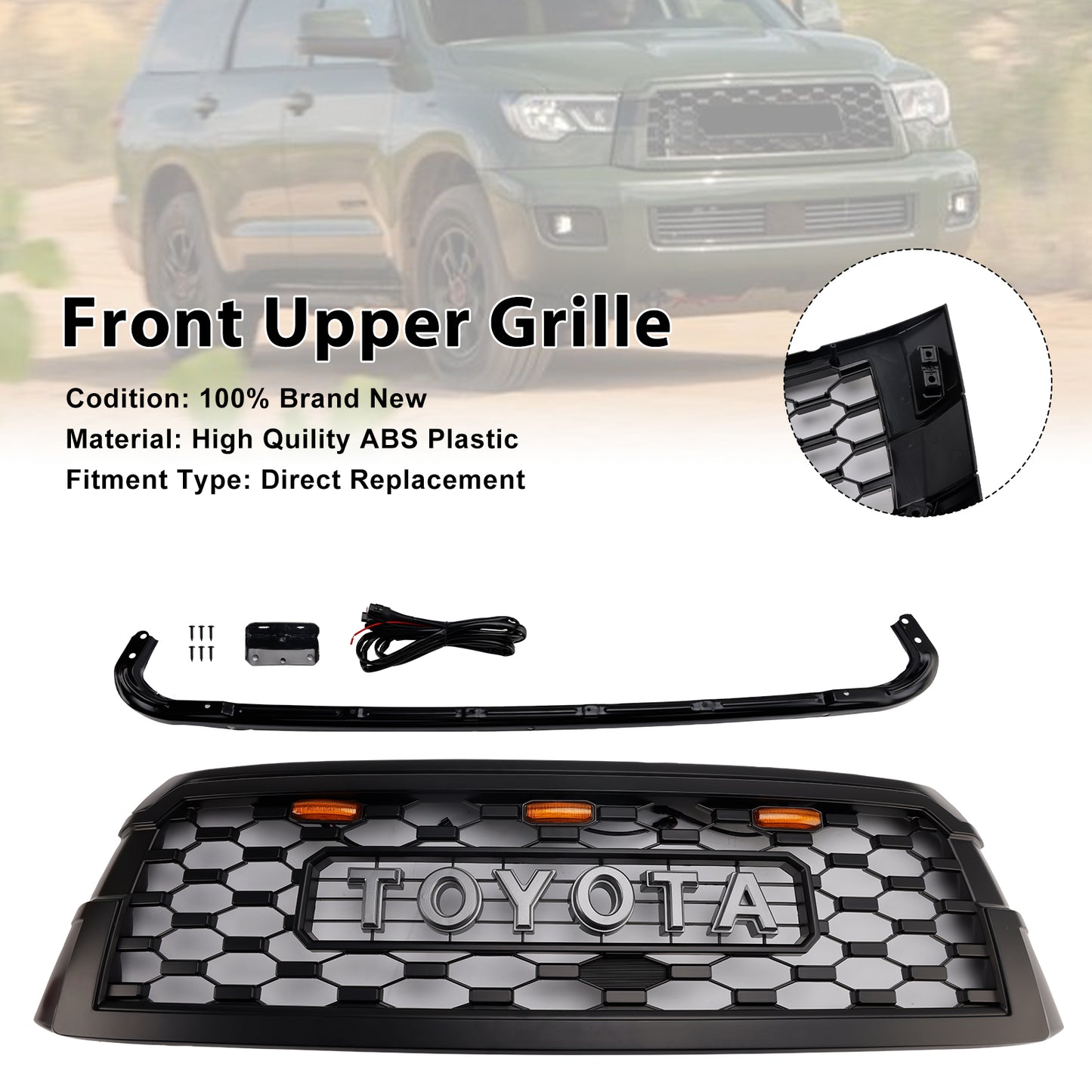 Toyota Sequoia 2019-2021 TRD PRO Grille Front Bumber Black Replacement Grill With Letter & LED