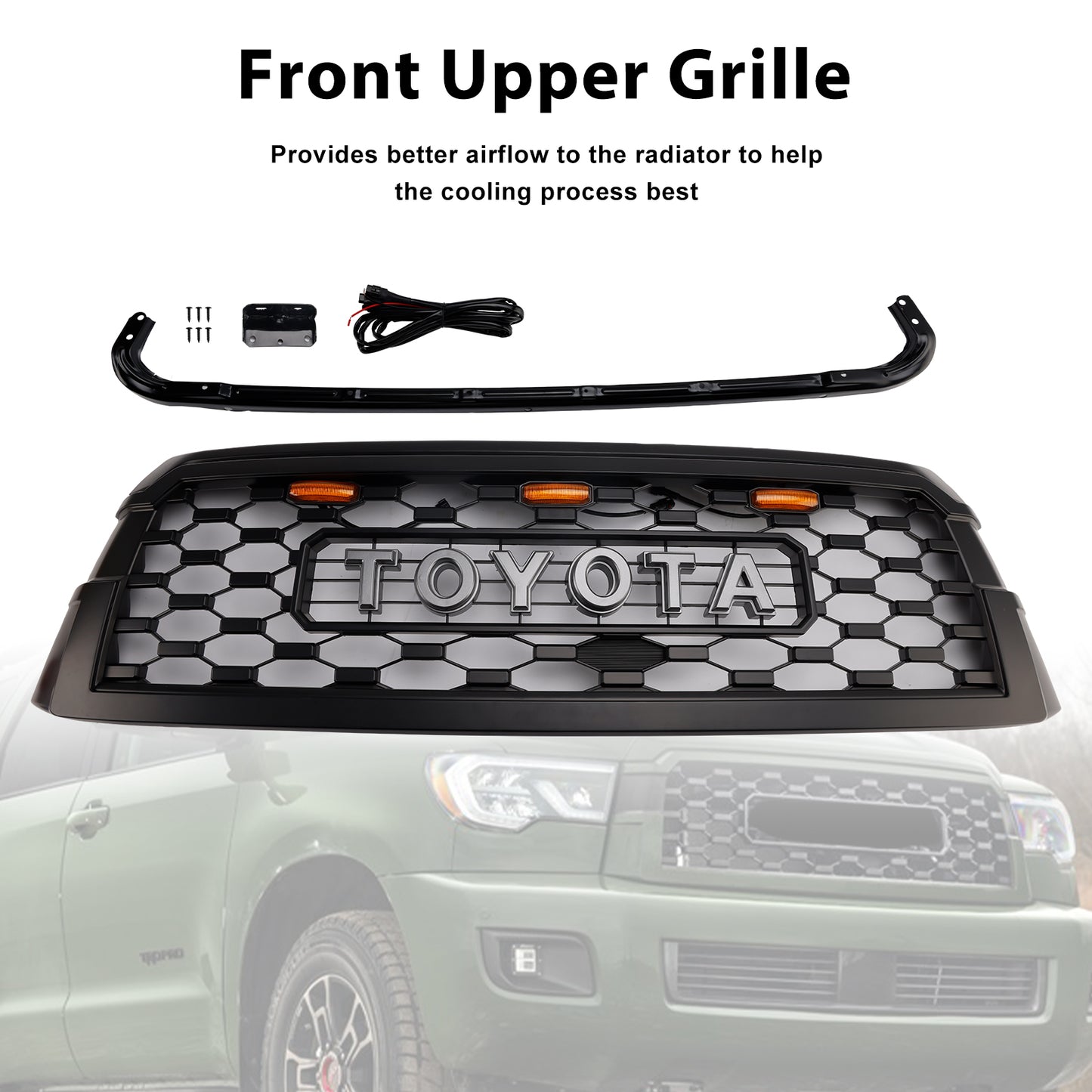 Toyota Sequoia 2019-2021 TRD PRO Grille Front Bumber Black Replacement Grill With Letter & LED