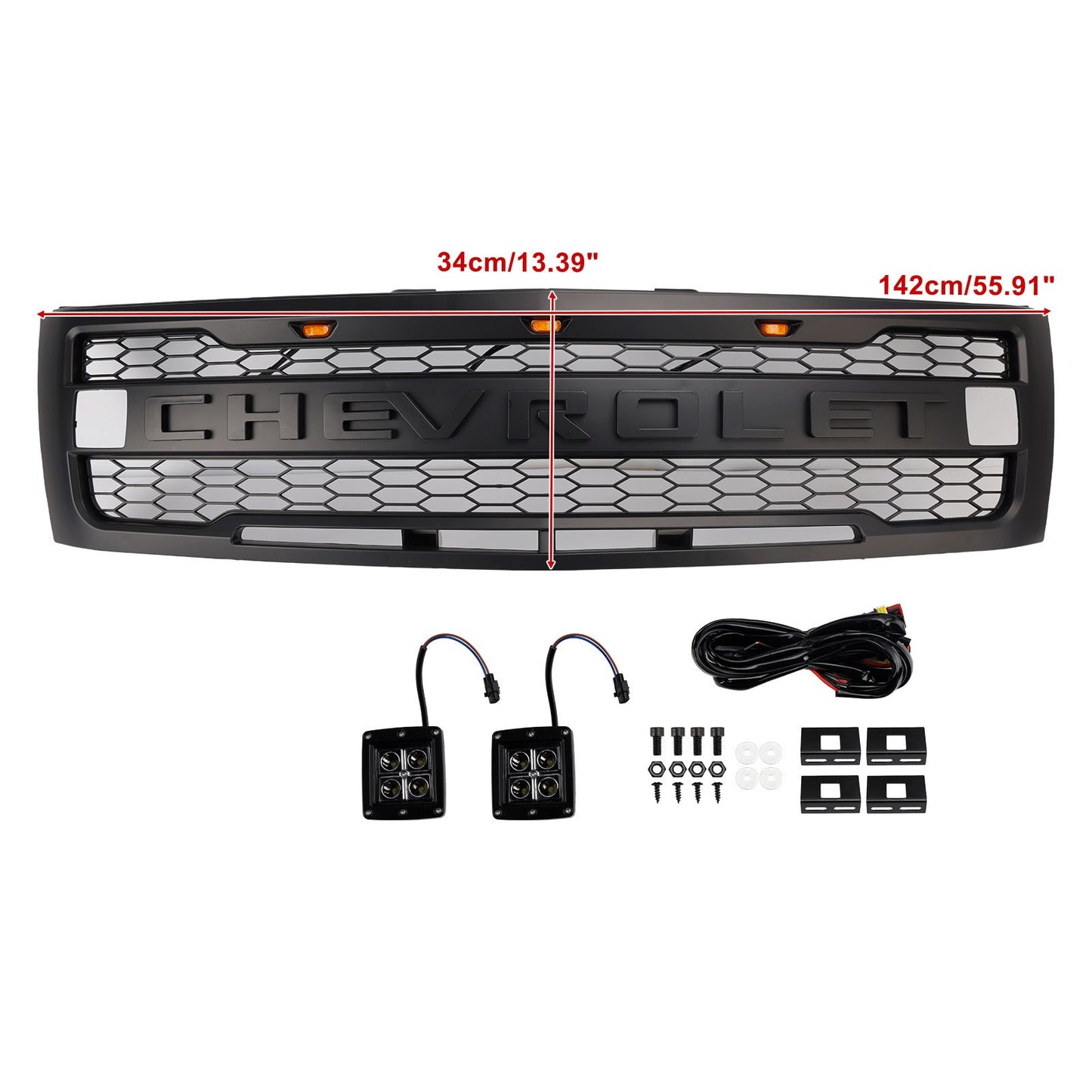 2007-2013 Chevy Silverado 1500 Raptor Style Grill Front Bumper Black Replacement Grille W/ LED