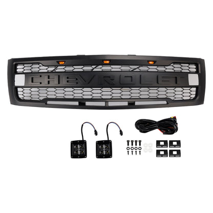 2007-2013 Chevy Silverado 1500 Raptor Style Grill Front Bumper Black Replacement Grille W/ LED