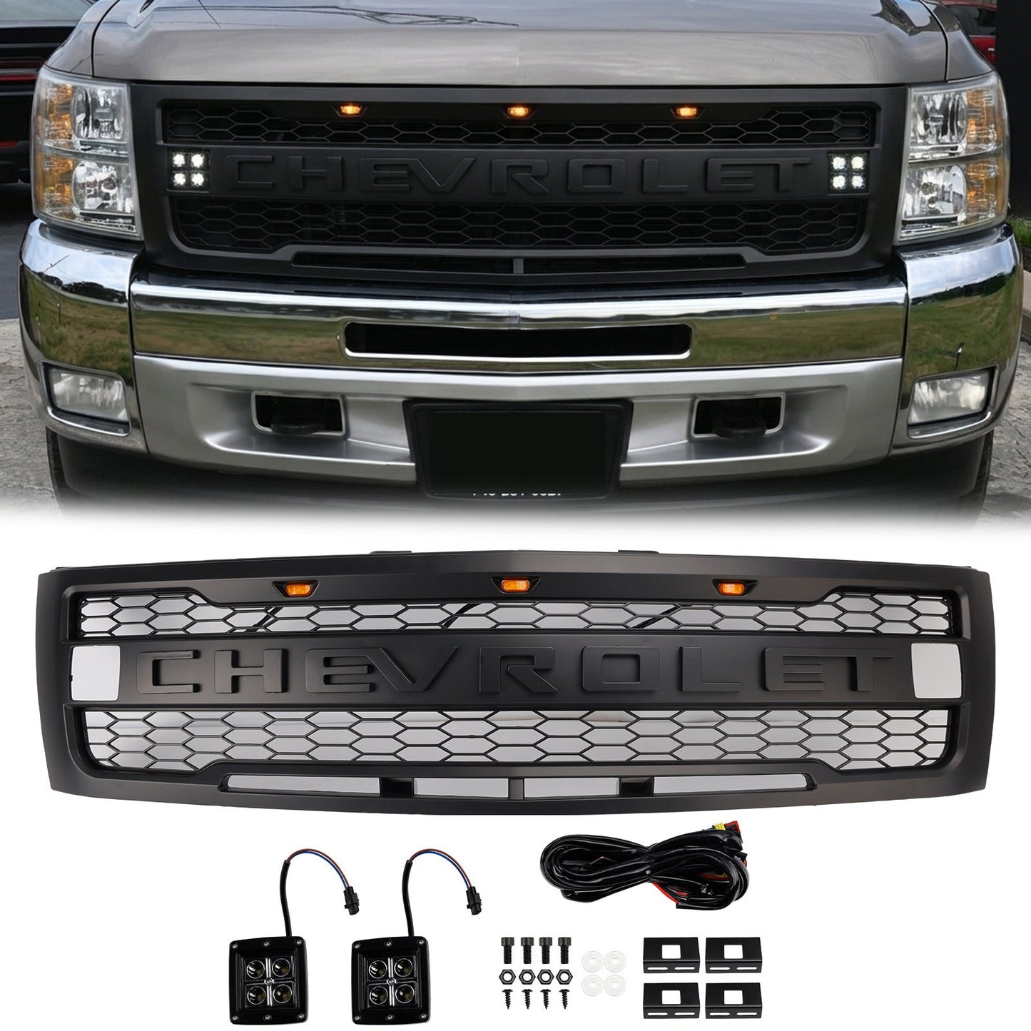 Chevrolet Silverado 1500 2007-2013 Front Grille Front Bumper Black Raptor Grille With LED