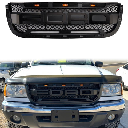 2001-2003 Ford Ranger Raptor Style Grille Front Bumper Replacement Black Grill W/ LED Light