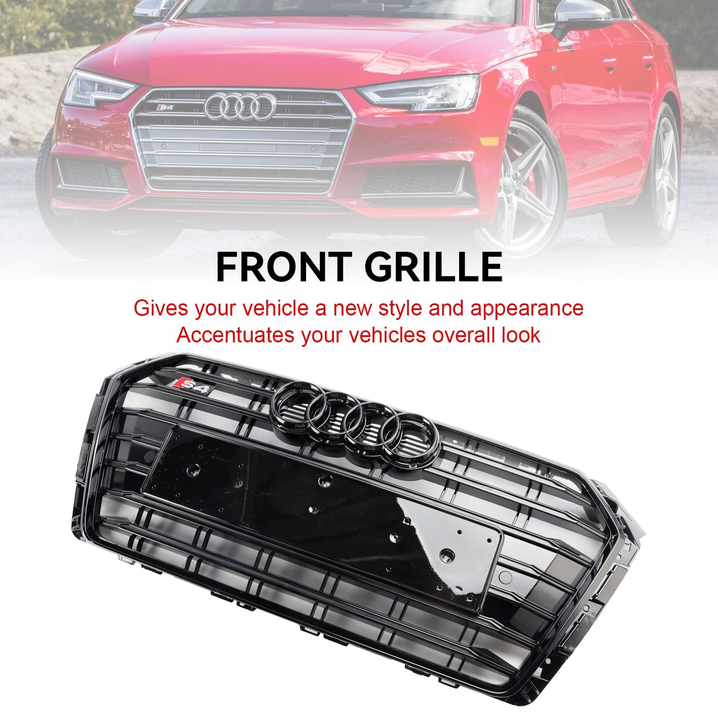 2016-2019 Audi A4/ A4 Sline/ S4 B9 Front Bumper Slat Black Grill W/ Ring Emblem S4 Style Grille