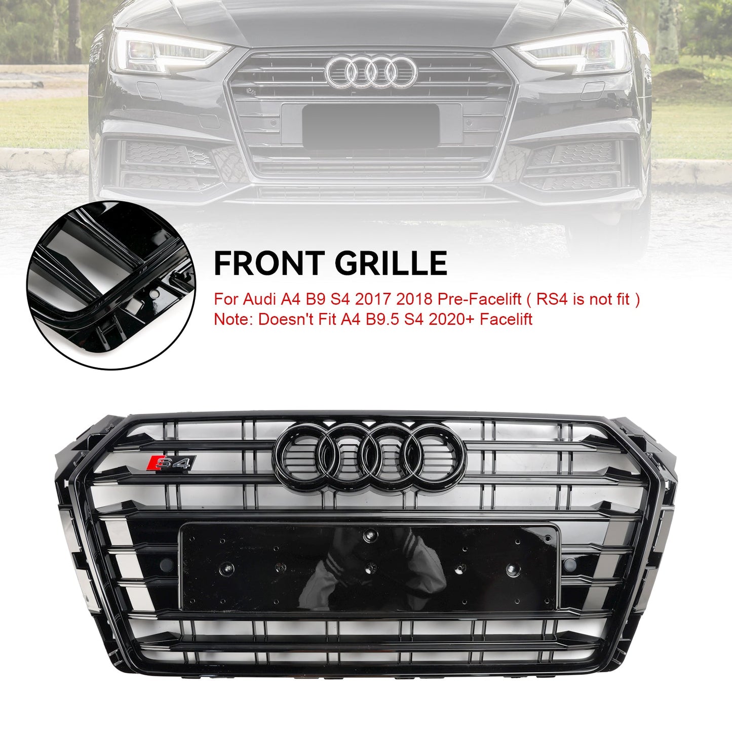 2016-2019 Audi A4/ A4 Sline/ S4 B9 Front Bumper Slat Black Grill W/ Ring Emblem S4 Style Grille