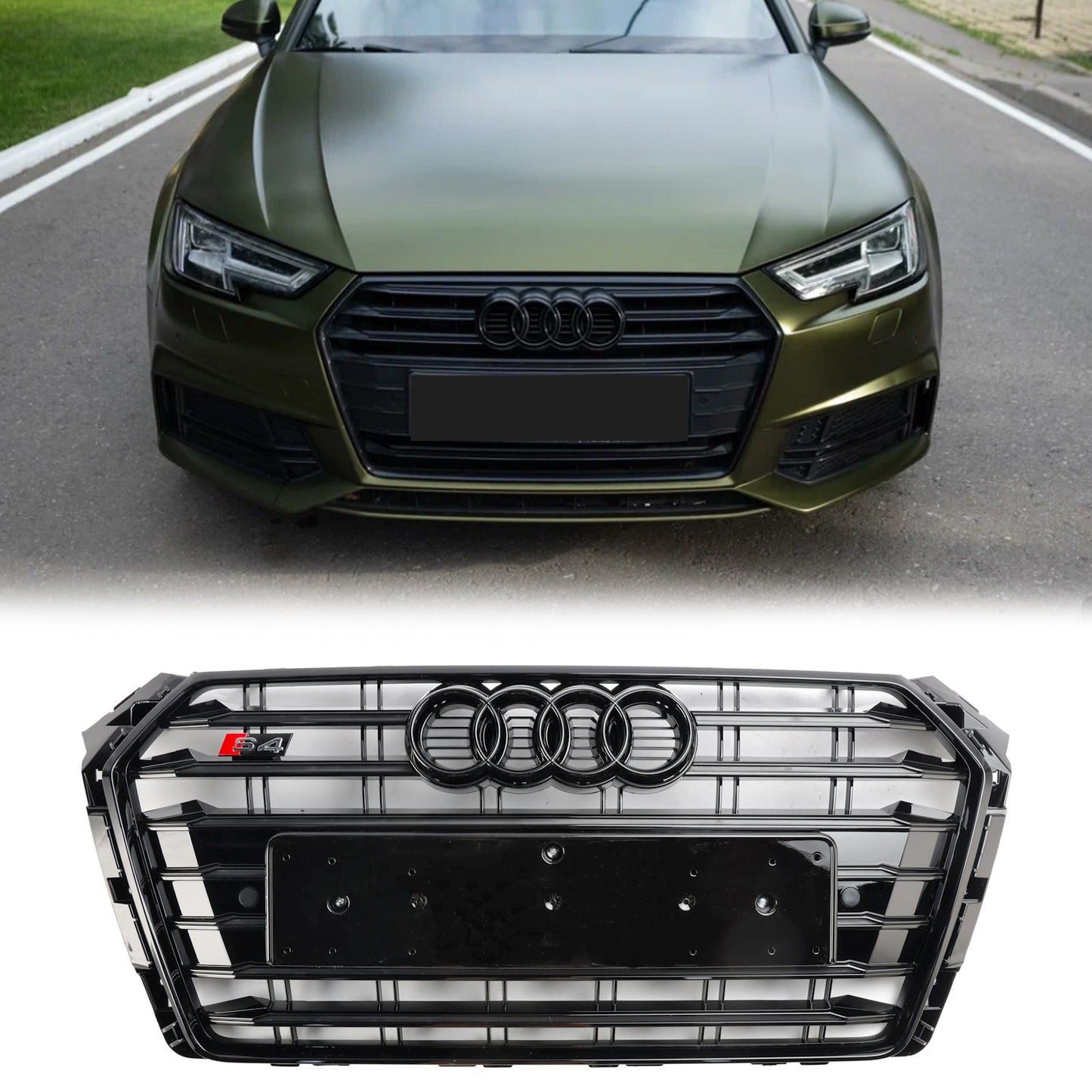 2016-2019 Audi A4/ A4 Sline/ S4 B9 Front Bumper Slat Black Grill W/ Ring Emblem S4 Style Grille