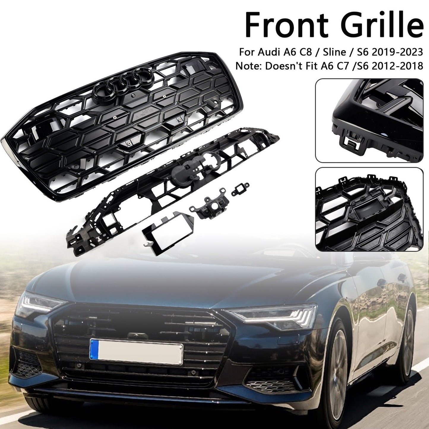 2019-2023 Audi A6 / A6 Sline / S6 C8 Front Bumper Mesh Black Grille W/ Black Ring Emblem S6 Style Grille