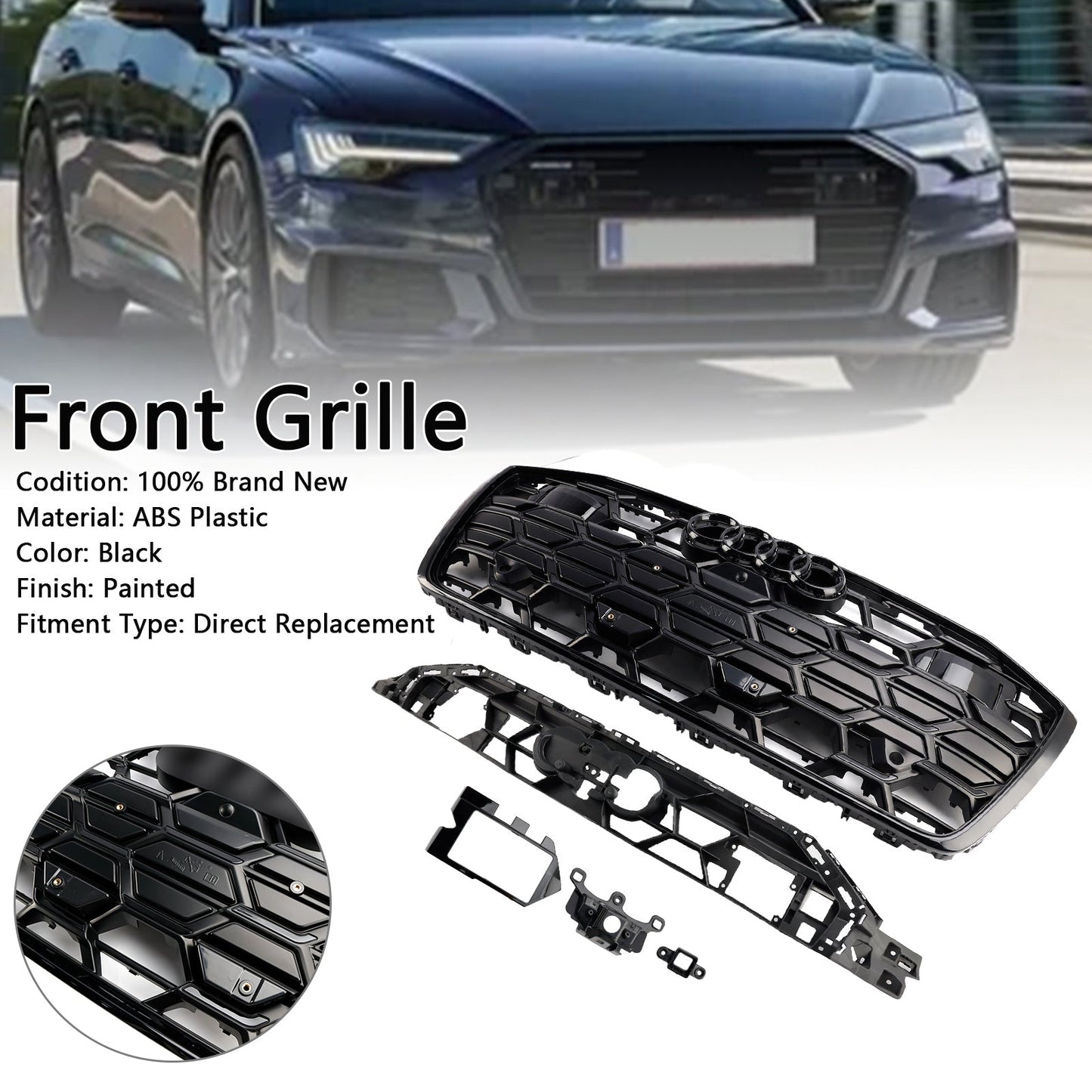 2019-2023 Audi A6 / A6 Sline / S6 C8 Front Bumper Mesh Black Grille W/ Black Ring Emblem S6 Style Grille