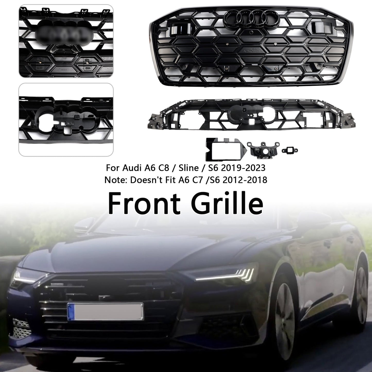 2019-2023 Audi A6 C8 S6 Black 4K0853651T Front Bumper Grille Grill