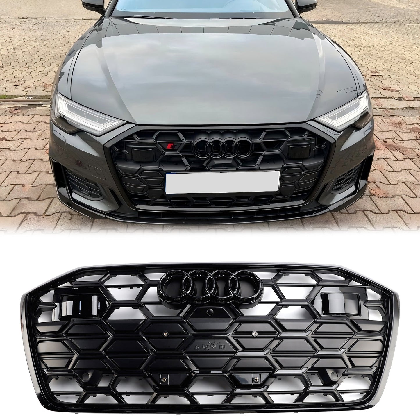 2019-2023 Audi A6 / A6 Sline / S6 C8 Front Bumper Mesh Black Grille W/ Black Ring Emblem S6 Style Grille