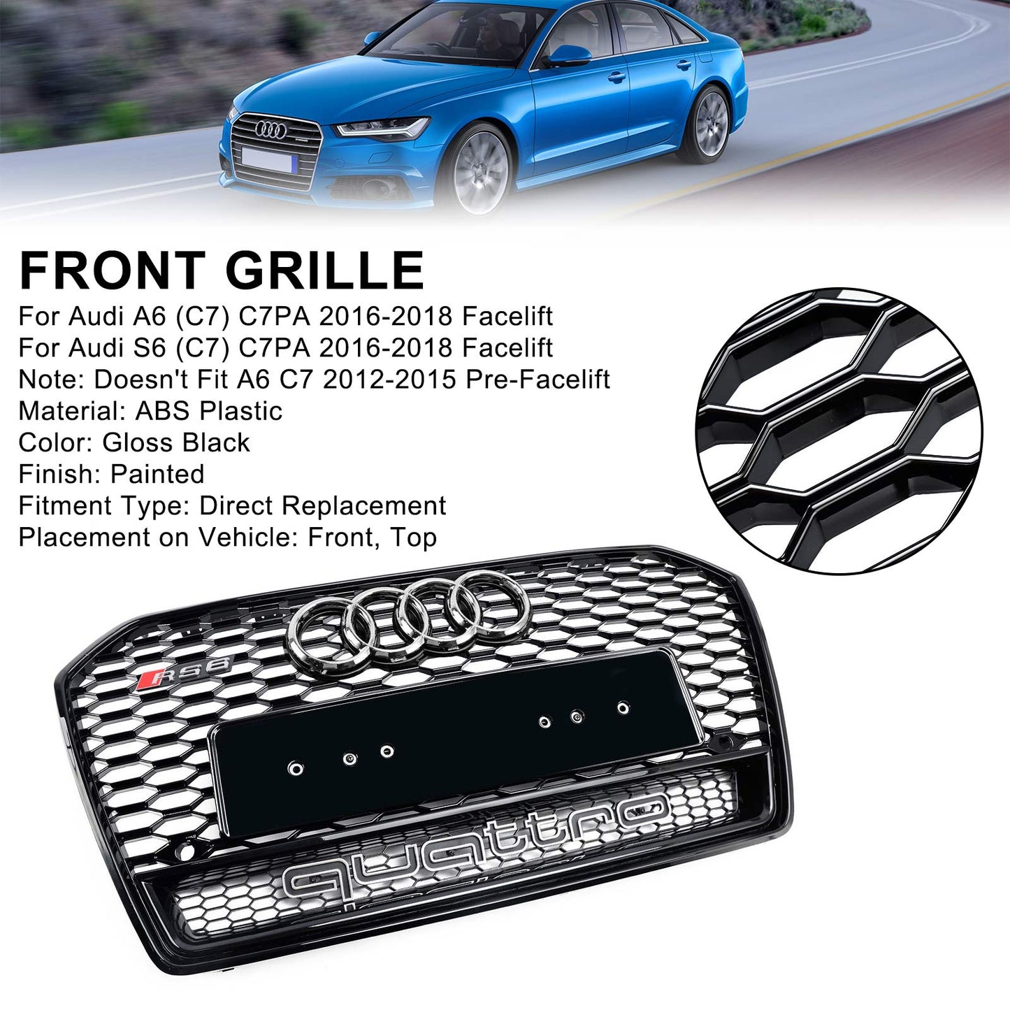 2015-2018 Audi A6 / S6 C7 Facelift RS6 Style Honeycomb Mesh Front Grill Black Grille W/ Sliver Emblem