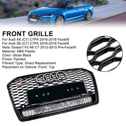 2015-2018 Audi A6 / S6 C7 Facelift RS6 Style Honeycomb Mesh Front Grill Black Grille W/ Sliver Emblem