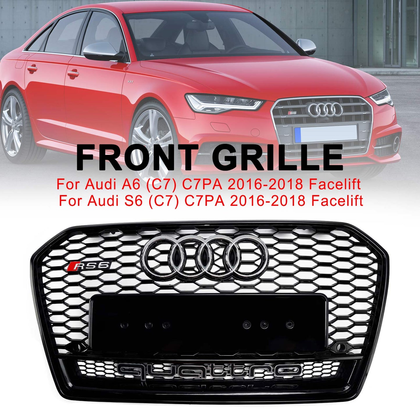 2015-2018 Audi A6 / S6 C7 Facelift RS6 Style Honeycomb Mesh Front Grill Black Grille W/ Sliver Emblem