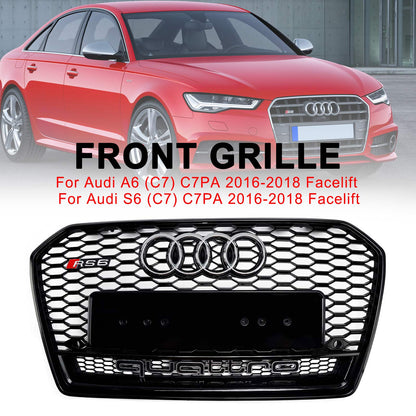 2015-2018 Audi A6 / S6 C7 Facelift RS6 Style Honeycomb Mesh Front Grill Black Grille W/ Sliver Emblem