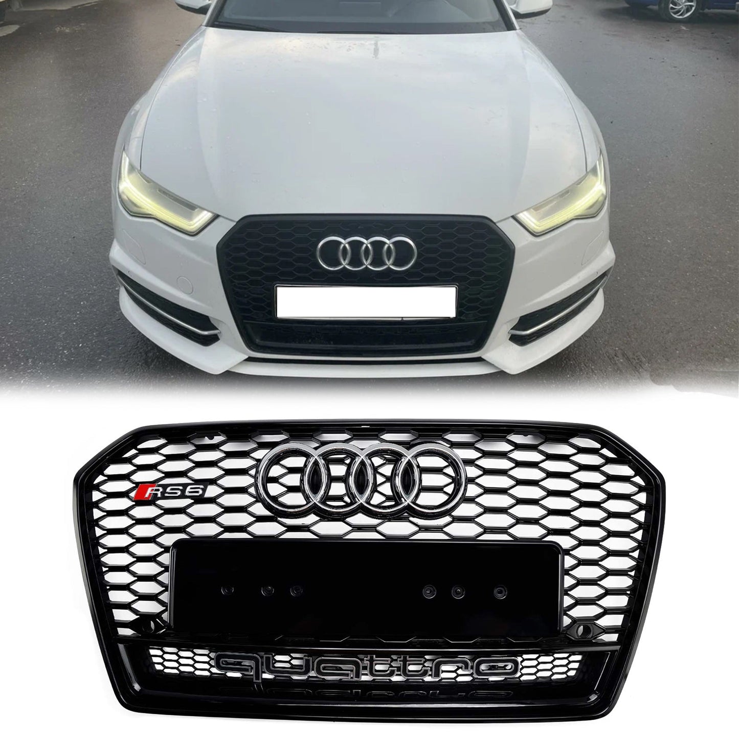 2015-2018 Audi A6 / S6 C7 Facelift RS6 Style Honeycomb Mesh Front Grill Black Grille W/ Sliver Emblem