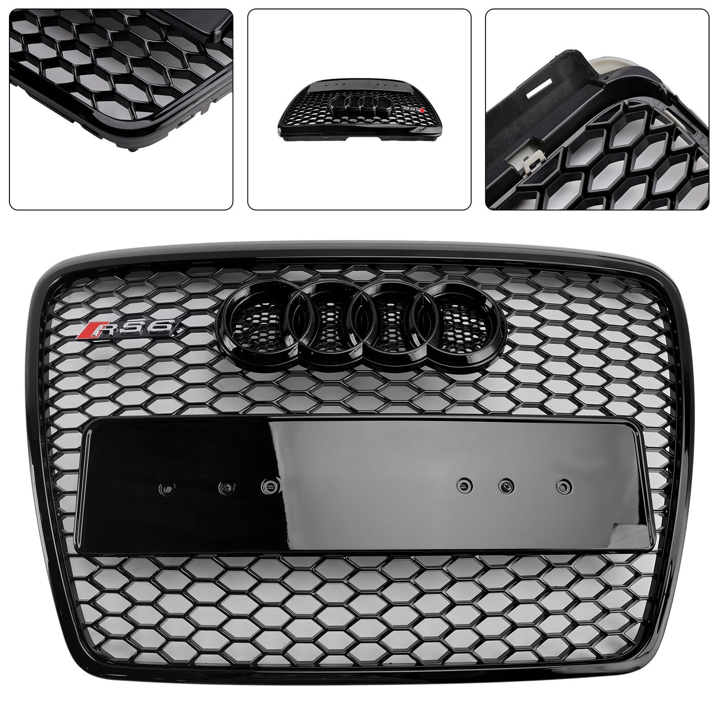 2008-2011 Audi A6 /S6 C6 Grille Honeycome RS Grille Front Center Mesh Glossy Balck Replacement Grille With Ring Emblem