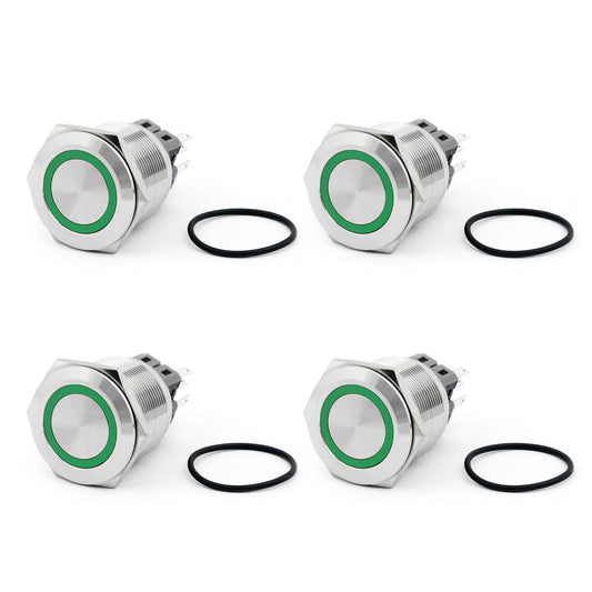 4 pulsadores momentáneos LED verdes de 25 mm y 24 V con anillo de acero inoxidable para coche