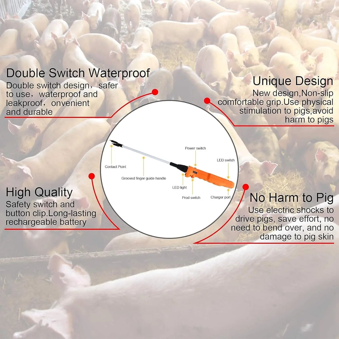 Pica-ganado de 34,3'' con luz LED, recargable, eléctrica, para repeler cerdos
