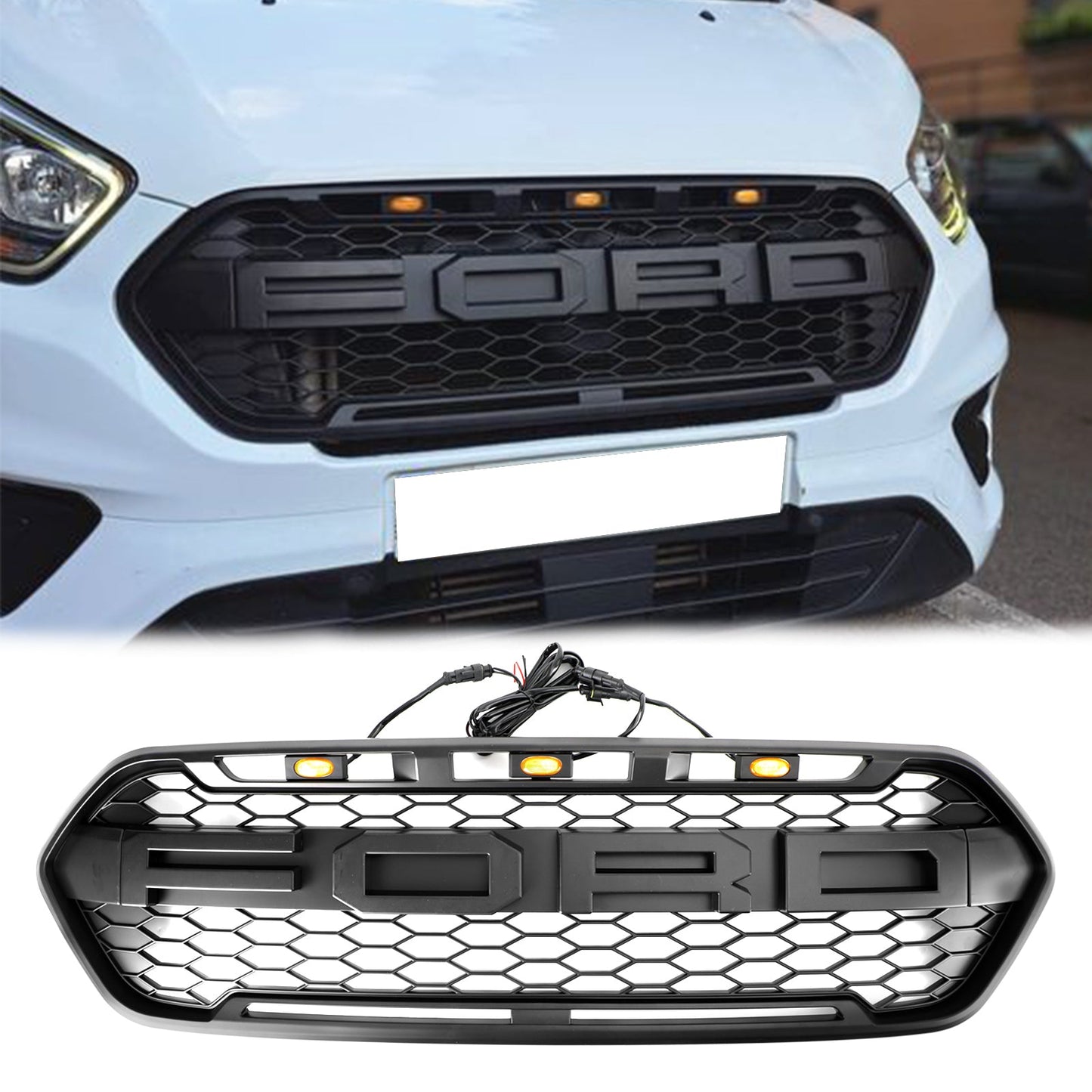 2018-2023 Ford Transit Custom Raptor Grille Honeycomb Mesh Hex Front Black Grill + LED