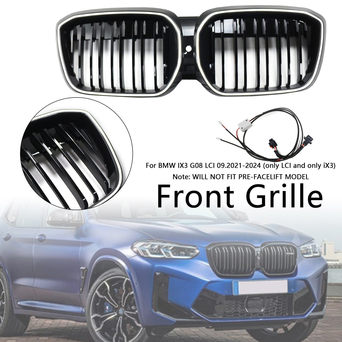 2022-2024 Double Slat Black Front Kidney Grill Grille Fit BMW IX3 G08 LCI