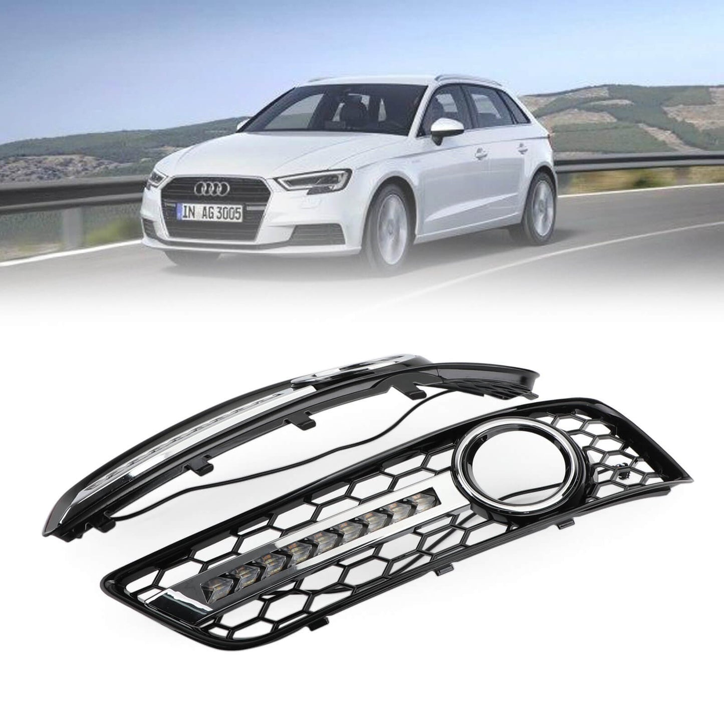 Audi 2008-2013 A3 8P0807682J 8P0807681AA Pair Black Chrome Front Fog Light Grill Lamp Trim