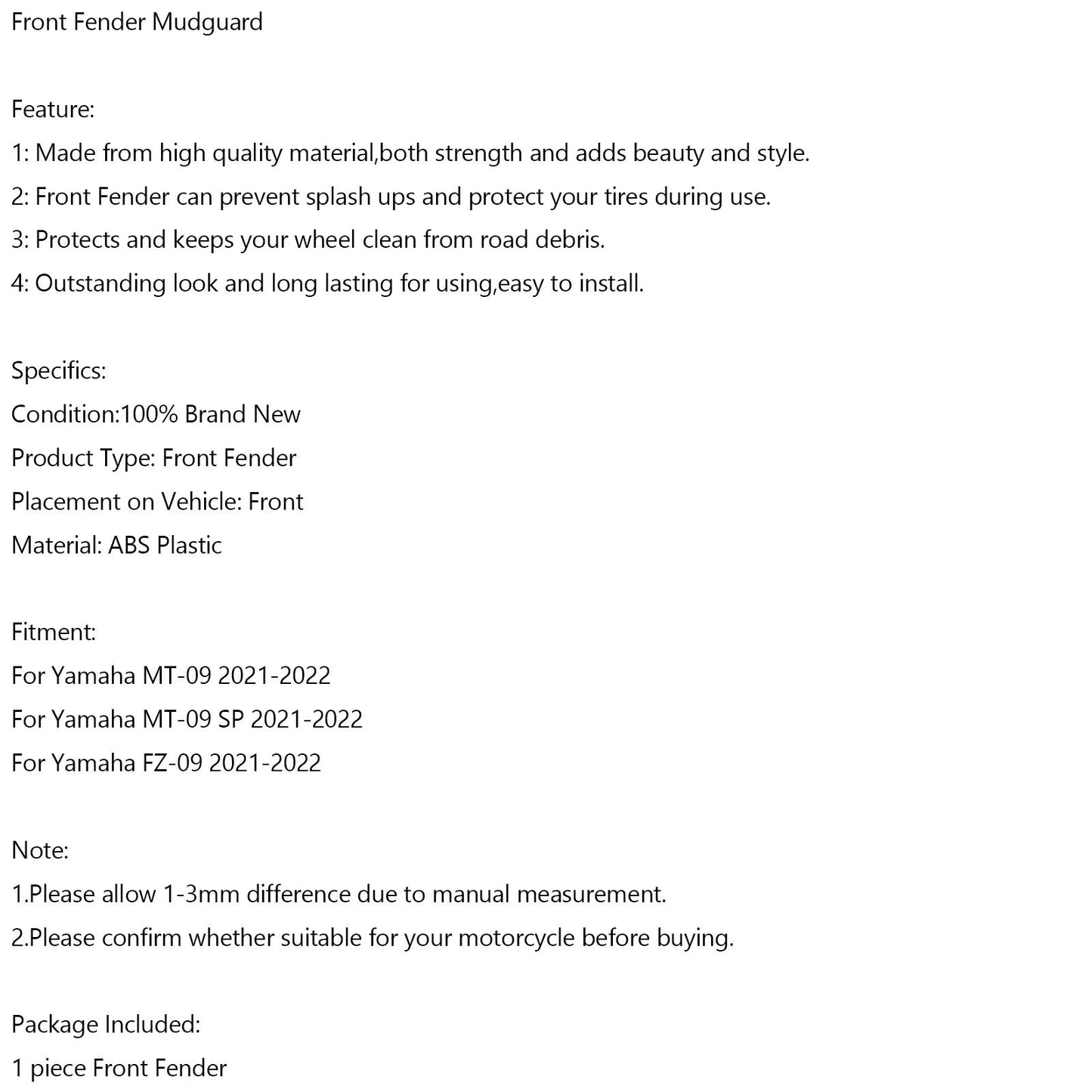 Carénage de garde-boue avant pour Yamaha MT-09 FZ-09 MT09 SP 2021-2022