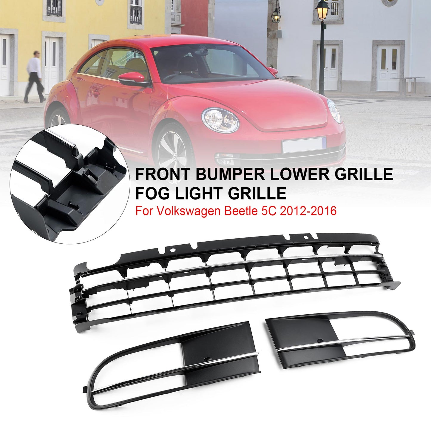 2012-2016 Volkswagen Beetle 5C Front Bumper Lower Grille + Fog Light Grill Generic
