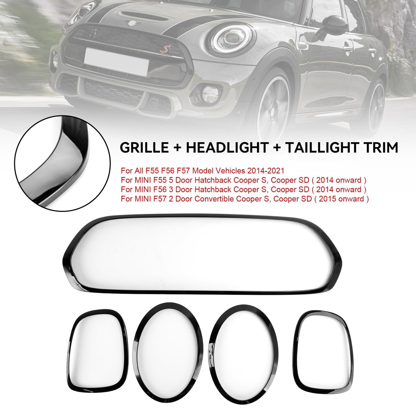 2014-2021 Mini F55 F56 F57 Cooper S / Cooper SD Black Grill Trim + Headlight Trim + Taillight Trim