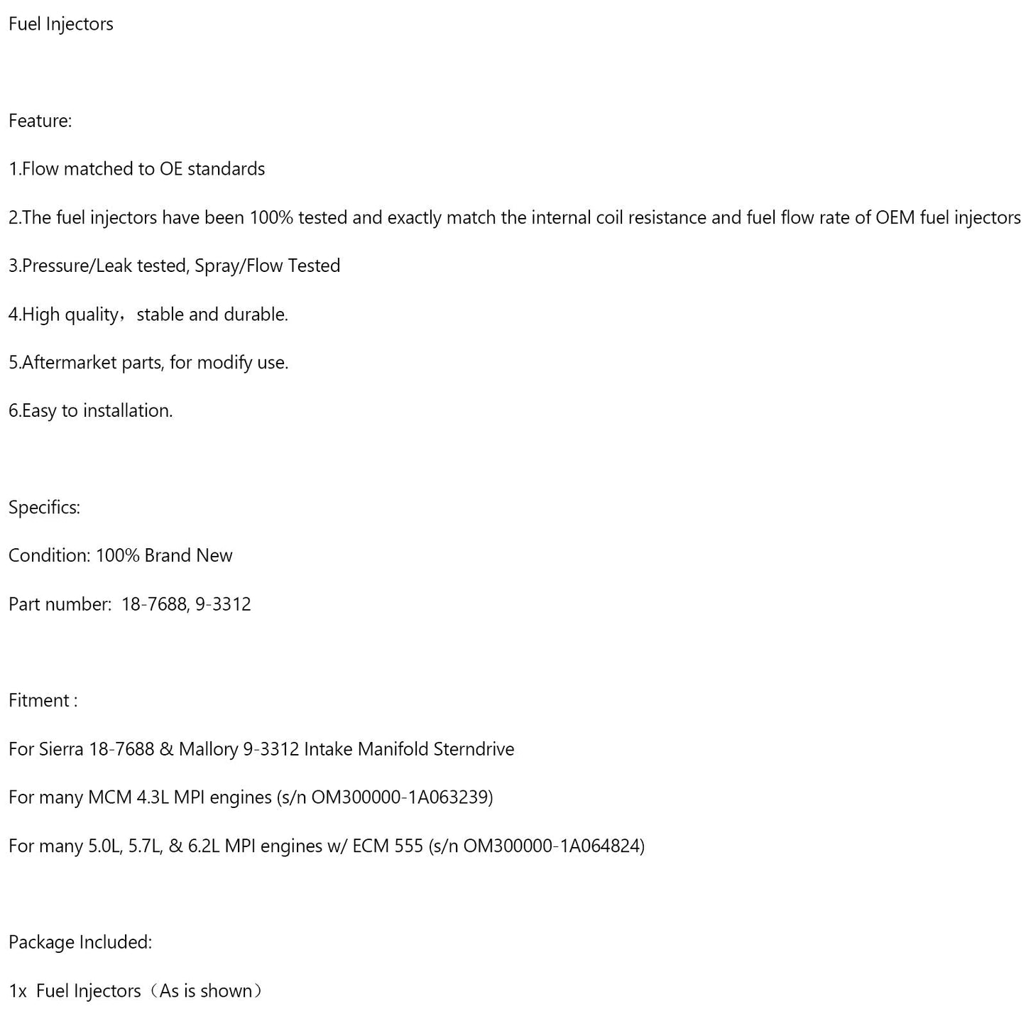 Injecteurs de carburant pour collecteur d'admission Sierra 18-7688 et Mallory 9-3312, transmission en Z