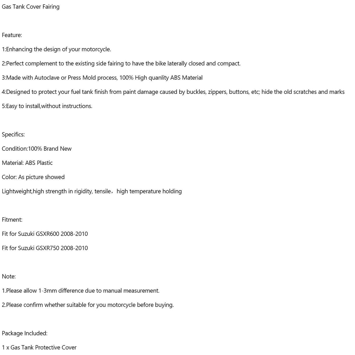 Protection de carénage de réservoir d'essence pour Suzuki GSXR600 GSXR 750 2008-2010 Carbone