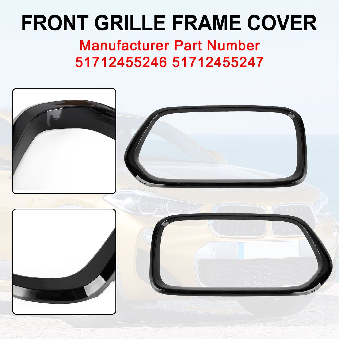 2018-2023 BMW X2 F39 sDrive18i/xDrive20i/sDrive20i/xDrive25e/M35i Gloss Black Front Bumper Grill Frame Cover Trim
