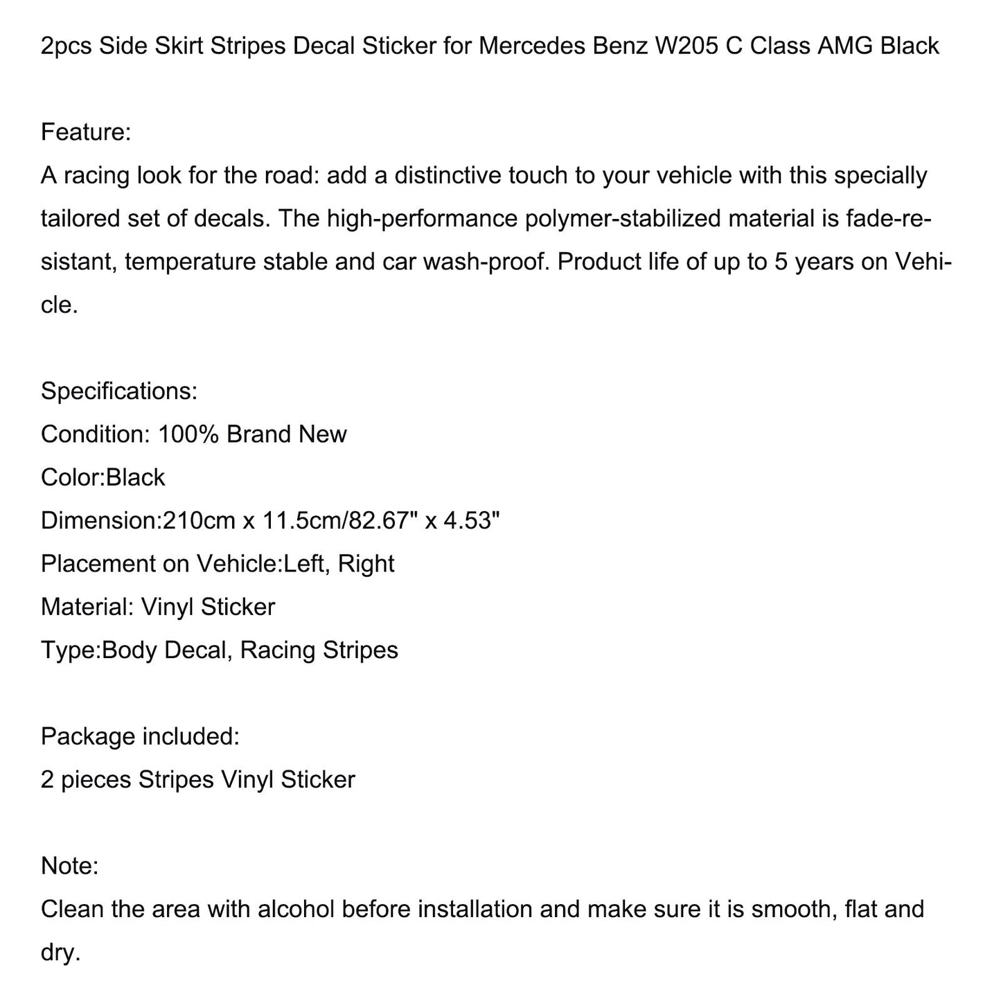 2 pegatinas de rayas para faldones laterales de Mercedes Benz W205 Clase C AMG, color negro