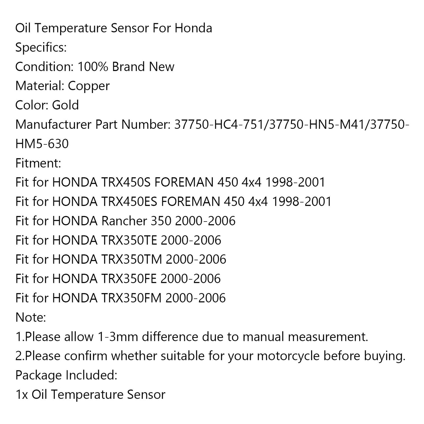 Sensor de temperatura de aceite 37750-HC4-751 para Honda TRX450S TRX450ES Rancher 350