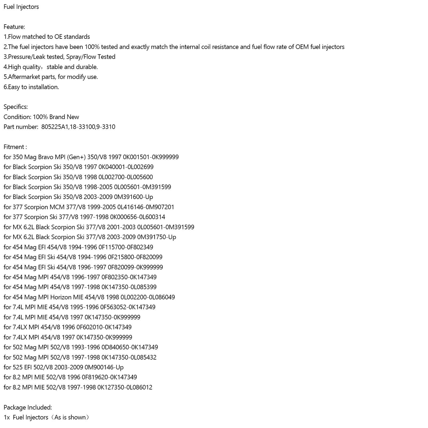Inyectores de combustible 9-3310 compatibles con Mercruiser 805225A1 Marine 18-33100 Boat