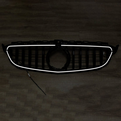 2015-2021 Mercedes Benz C-Class W205 GTR Style Grill Front Bumper Replacement Black Grille W/ LED Strip Light & Camera Hole