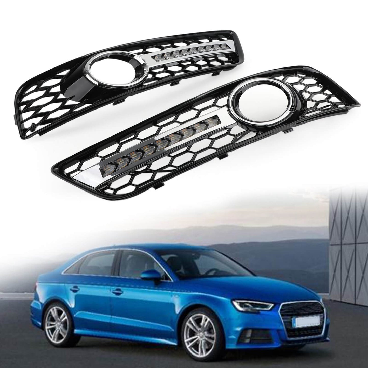 Audi 2008-2013 A3 8P0807682J 8P0807681AA Pair Black Chrome Front Fog Light Grill Lamp Trim
