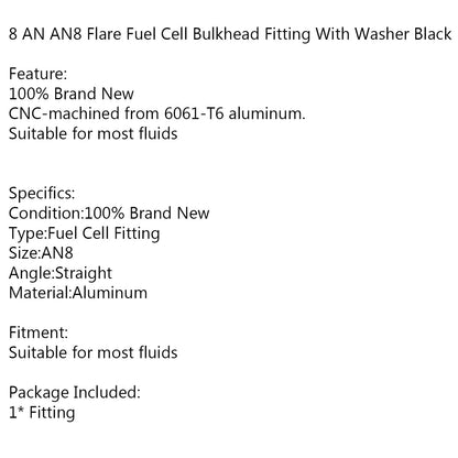 8 AN AN8 Flare Fuel Cell Bulkhead Fitting With Washer Black