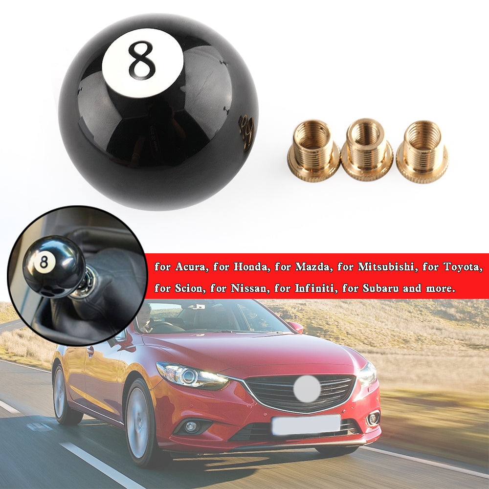 Pommeau de levier de vitesse universel rond noir en forme de boule de billard n° 8 avec 3 adaptateurs
