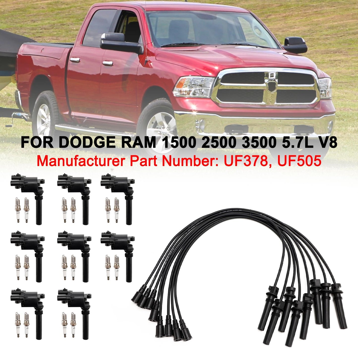 Bobine d'allumage + bougie + fil pour Dodge Ram 1500 2500 3500 5,7 L V8 UF378