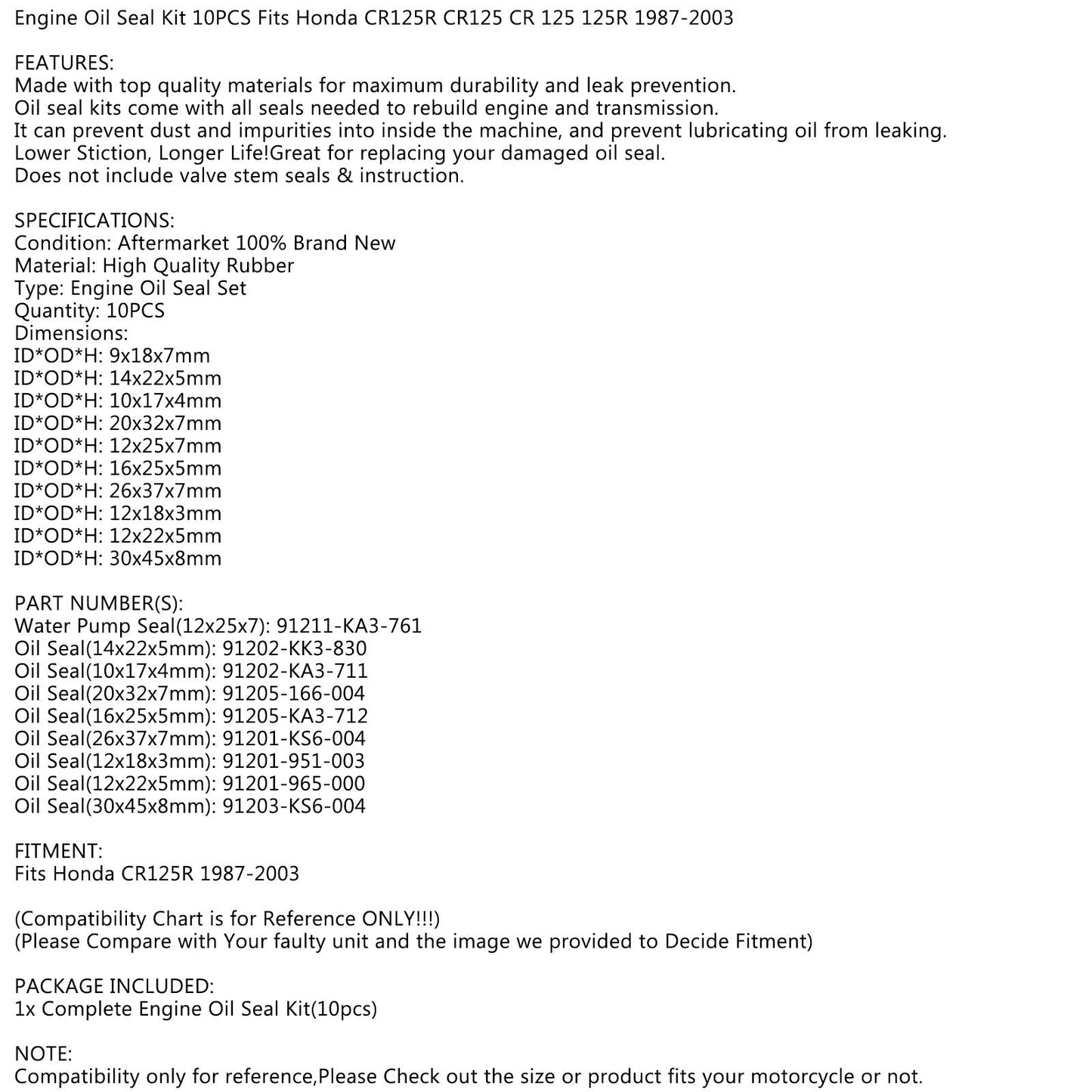 Engine Oil Seal Kit Set 10pcs Seals for Honda CR125R 1987-2003 cr125r cr 125