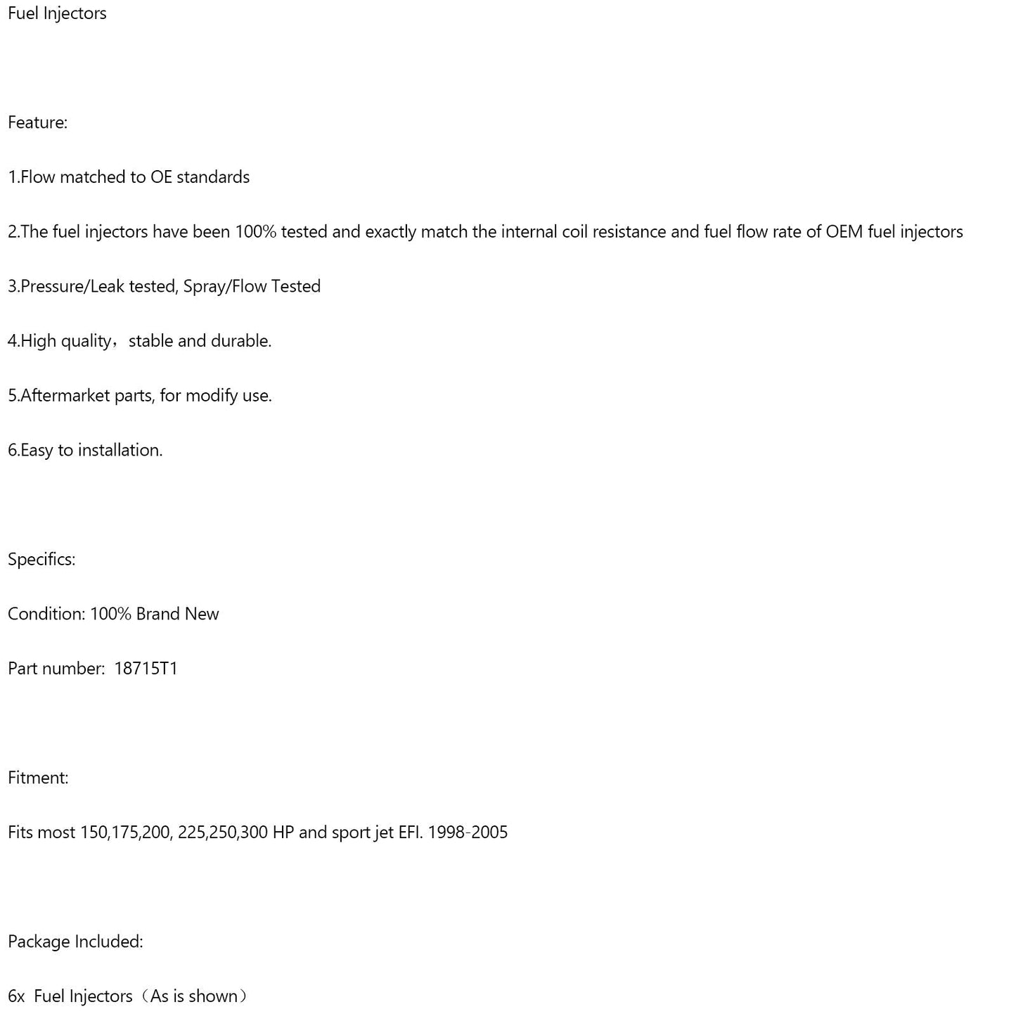 6 inyectores de combustible 18715T1 para motores fueraborda Mercury de 150, 175, 200, 225, 250 y 300 HP (98-05)